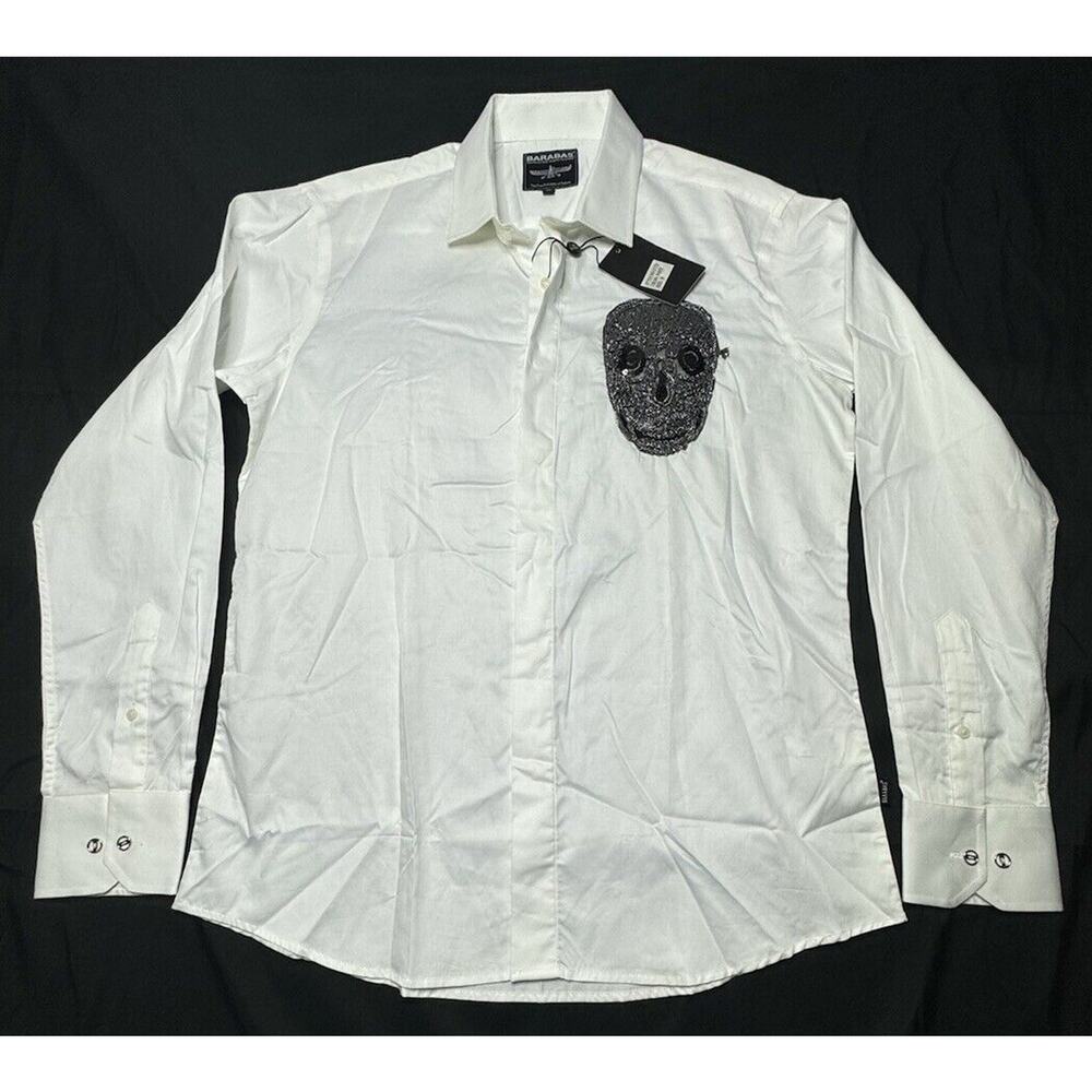 NWT Barabas Men's LS White & Black Skull Button Up Dress Shirt - Size M*